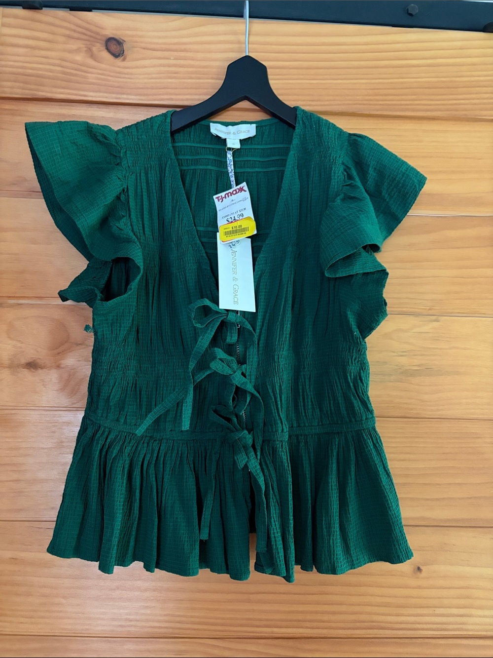 Jennifer & Grace Dark Emerald Tie-Front Ruffle Sleeve Top